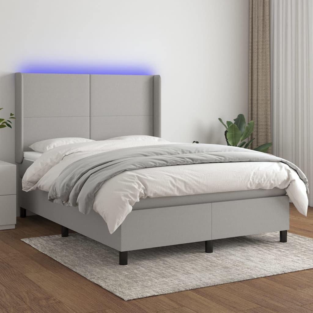 Krevet box spring s madracem LED svjetlosivi 140x190 cm tkanine