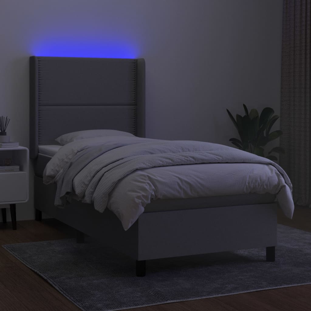Krevet box spring s madracem LED svjetlosivi 90x200 cm tkanina