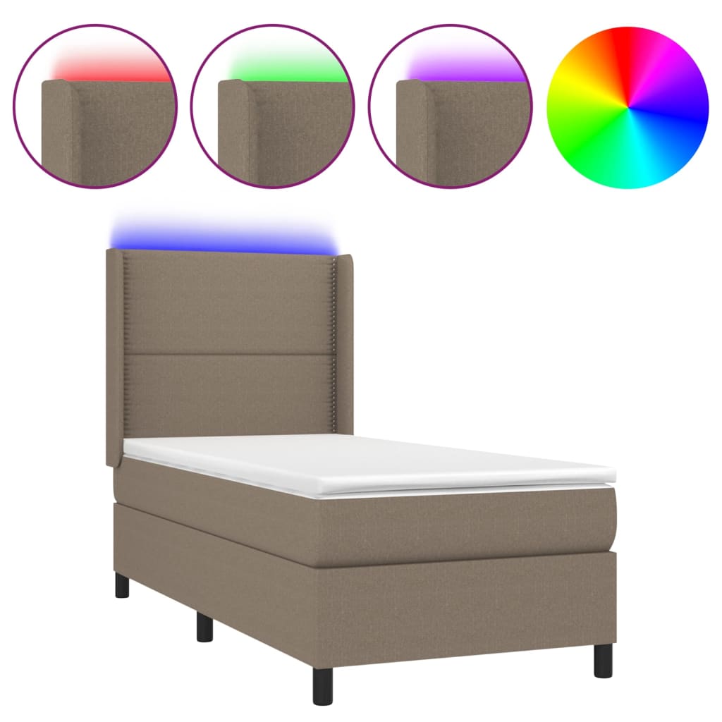 Krevet box spring s madracem LED smeđesivi 90x200 cm tkanina