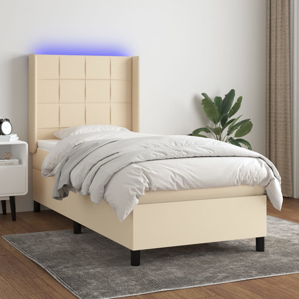 Krevet box spring s madracem LED krem 90x190 cm od tkanine