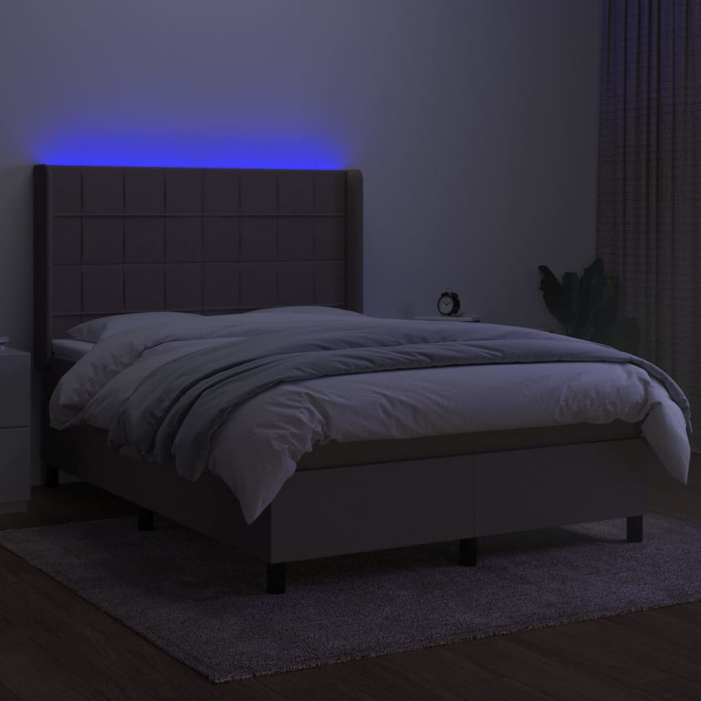 Krevet box spring s madracem LED smeđesivi 140x200 cm tkanina