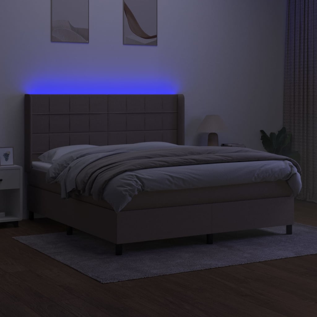 Krevet box spring s madracem LED smeđesivi 180x200 cm tkanina