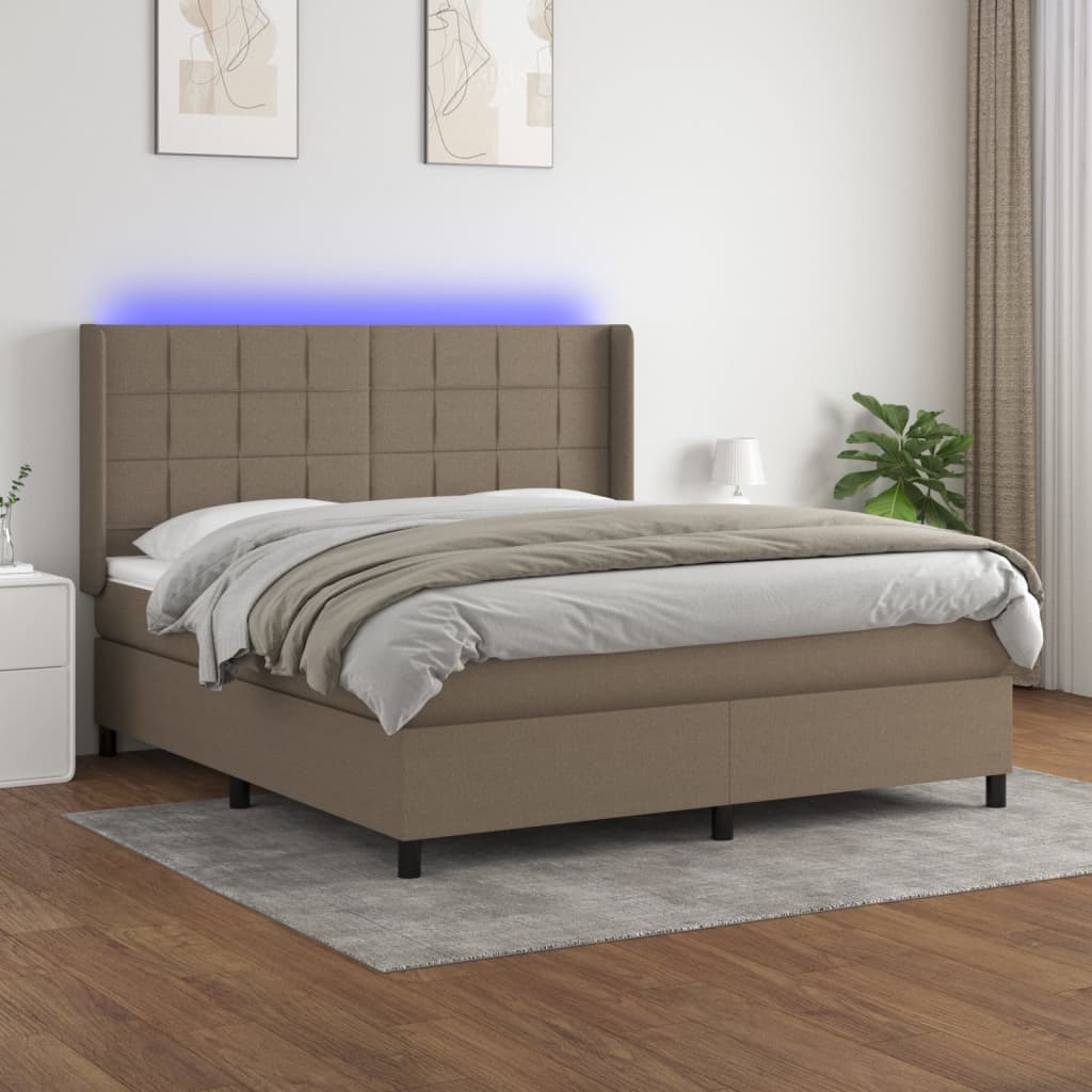 Krevet box spring s madracem LED smeđesivi 180x200 cm tkanina
