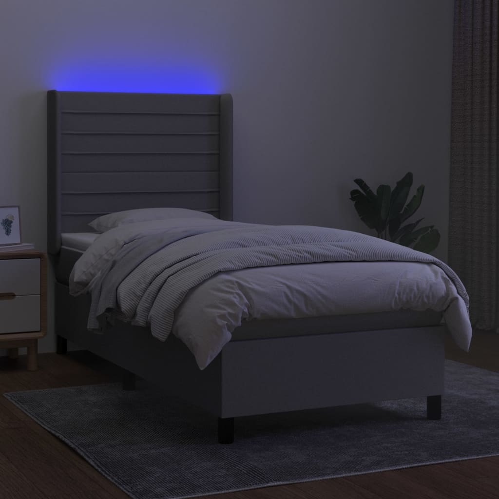 Krevet box spring s madracem LED svjetlosivi 90x200 cm tkanina