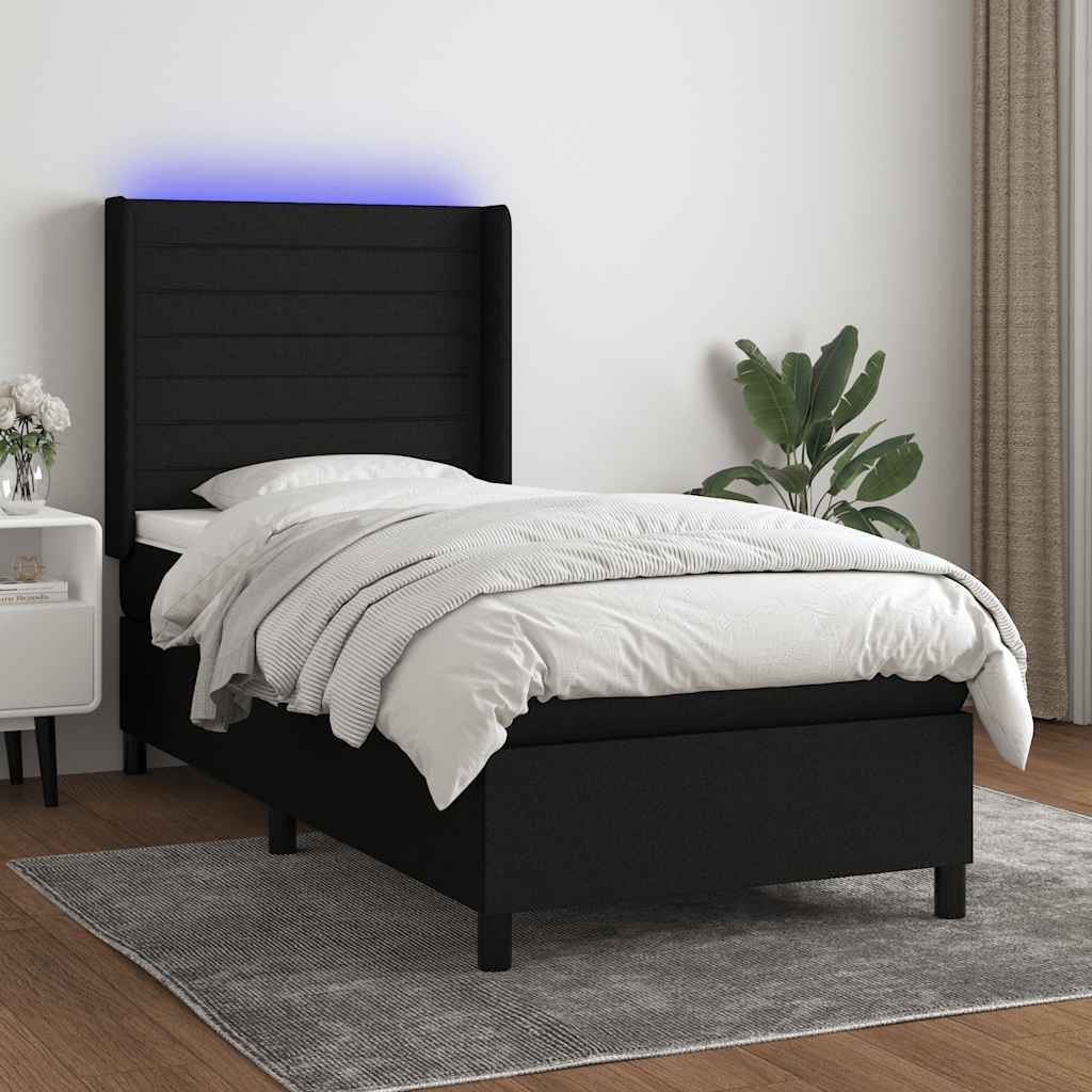Krevet box spring s madracem LED crni 90x200 cm od tkanine