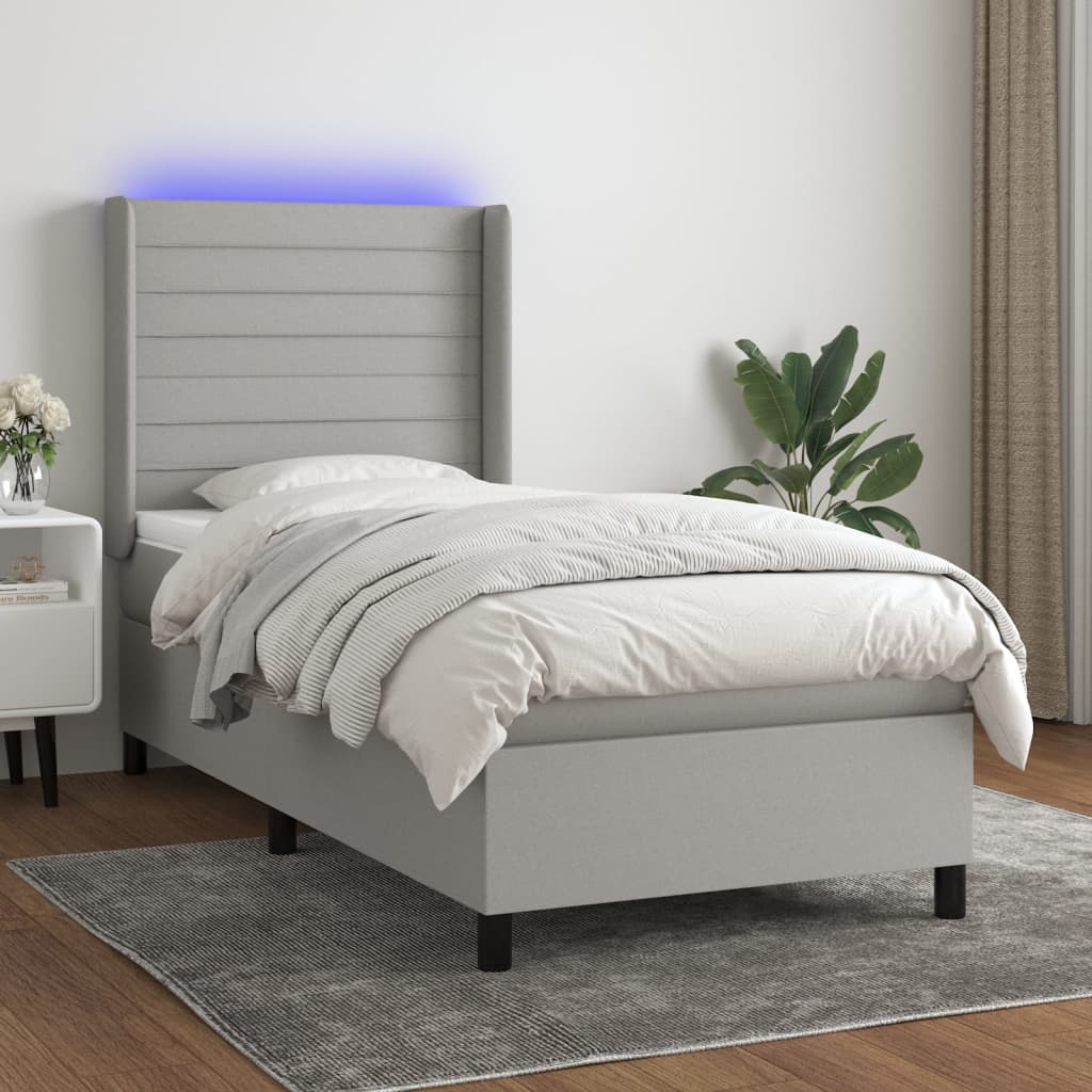 Krevet box spring s madracem LED svjetlosivi 100x200 cm tkanina