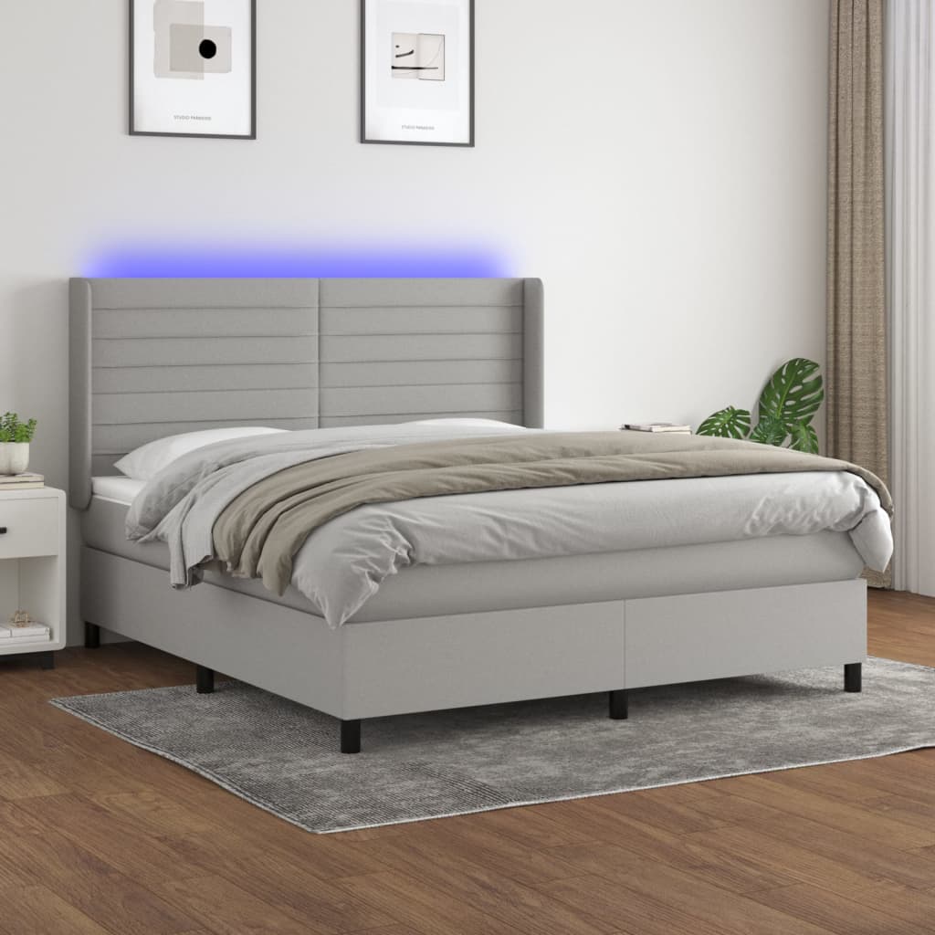 Krevet box spring s madracem LED svjetlosivi 180x200 cm tkanina