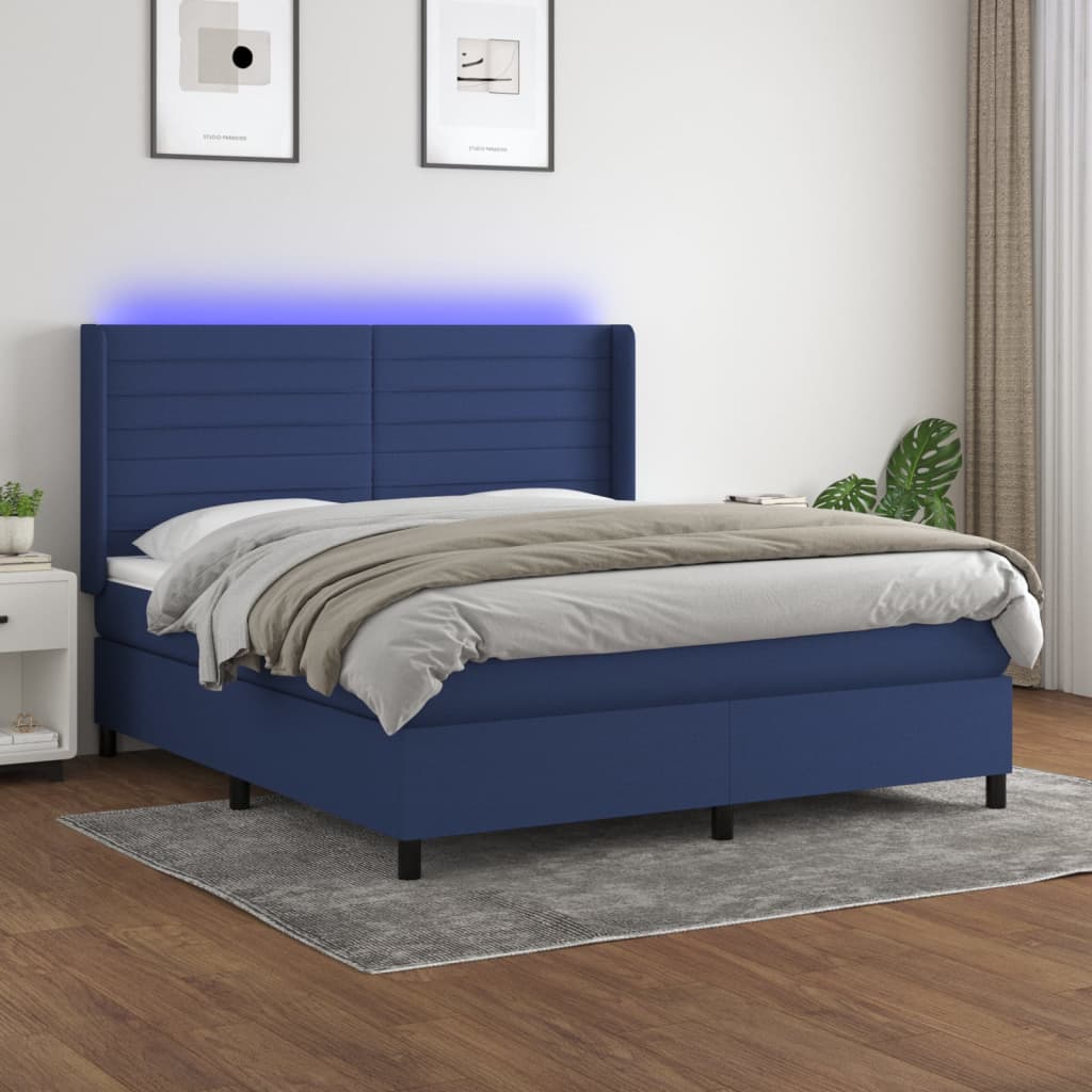 Krevet box spring s madracem LED plavi 180x200 cm od tkanine