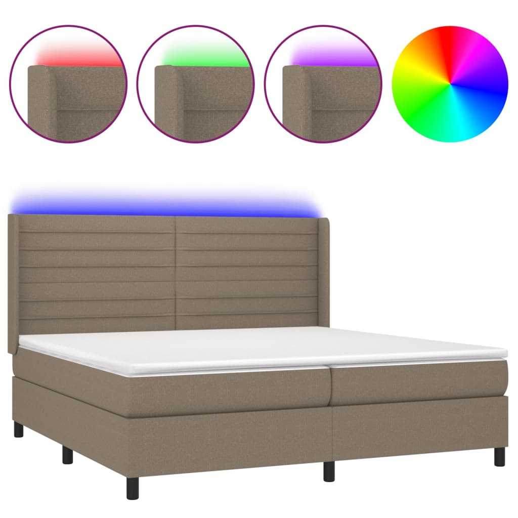 Krevet box spring s madracem LED smeđesivi 200x200 cm tkanina
