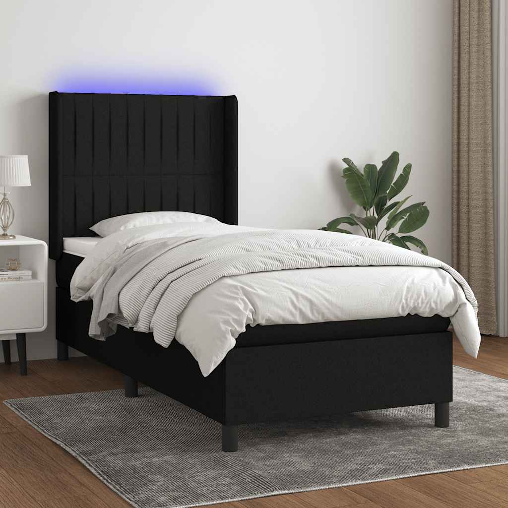 Krevet box spring s madracem LED crni 90x190 cm od tkanine