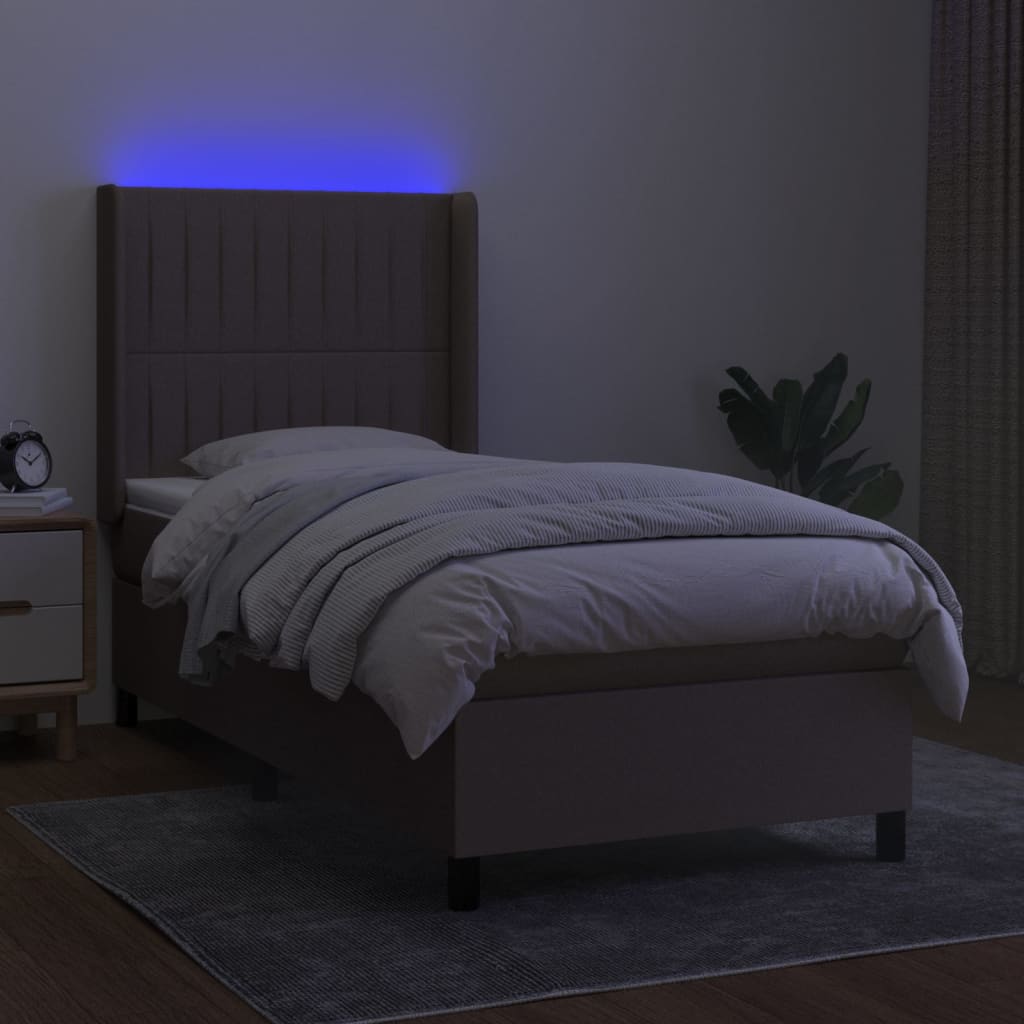 Krevet box spring s madracem LED smeđesivi 90x200 cm tkanina