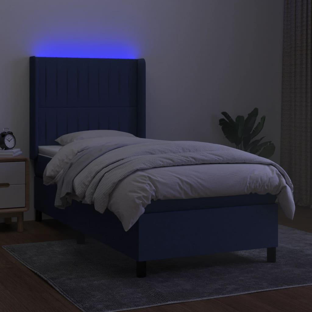 Krevet box spring s madracem LED plavi 90x200 cm od tkanine