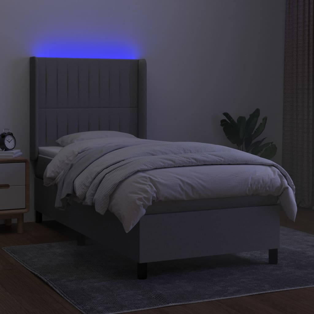 Krevet box spring s madracem LED svjetlosivi 100x200 cm tkanina