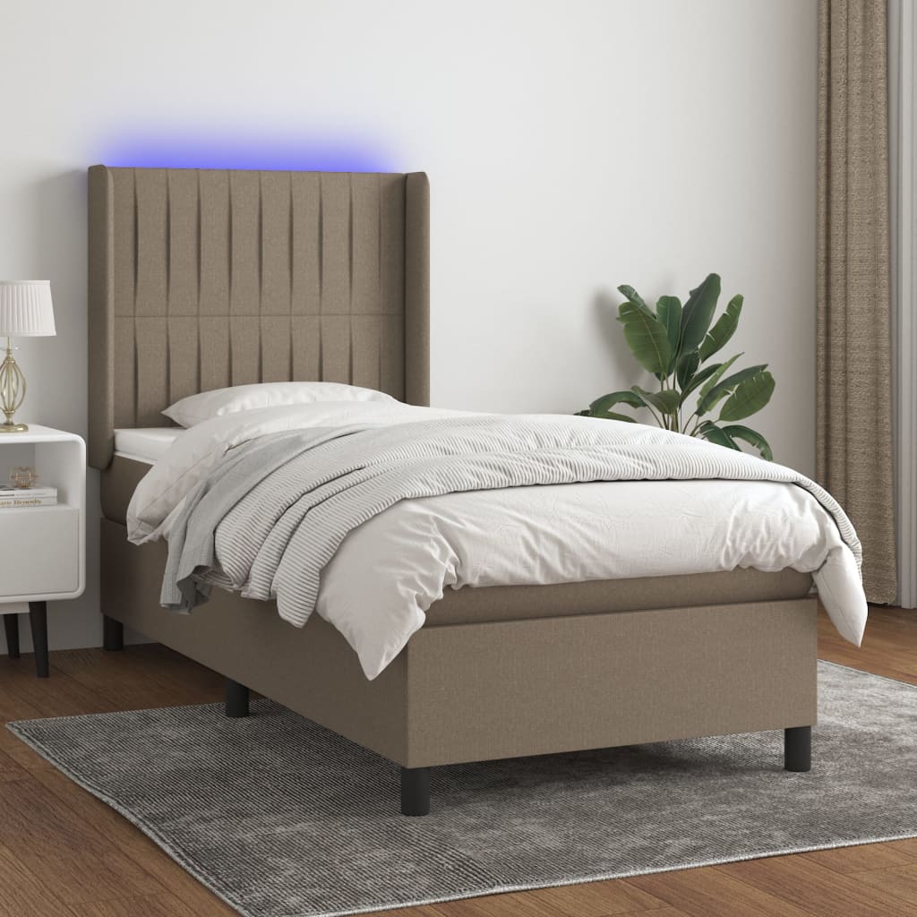 Krevet box spring s madracem LED smeđesivi 100x200 cm tkanina
