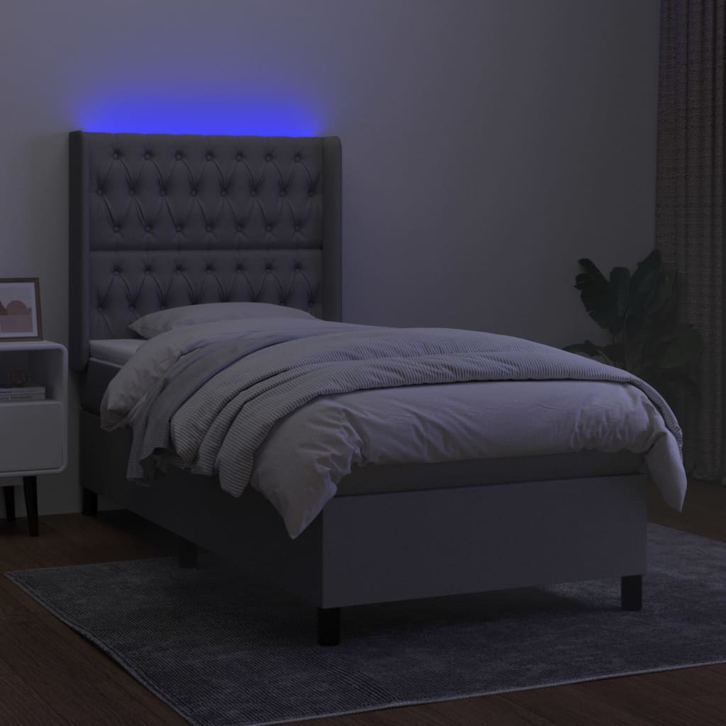 Krevet box spring s madracem LED svjetlosivi 90x190 cm tkanina
