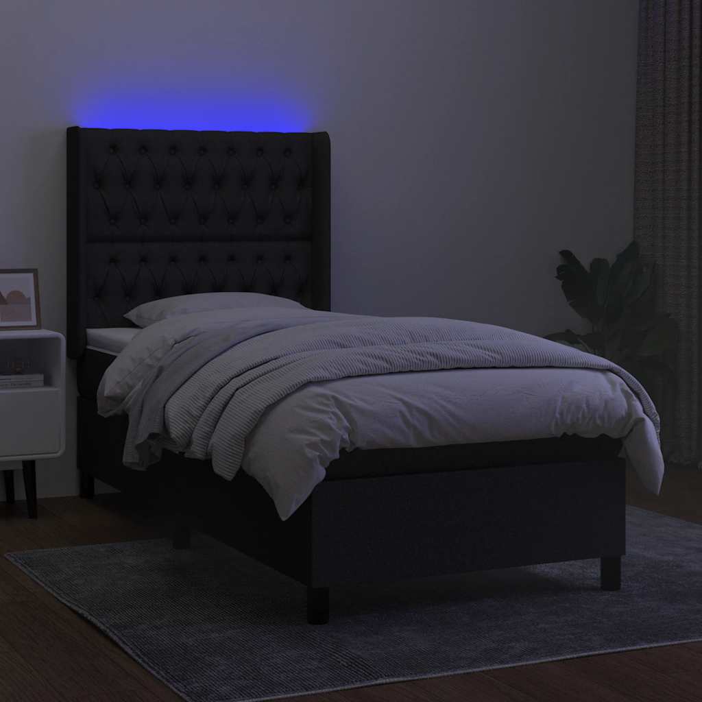 Krevet box spring s madracem LED crni 90x190 cm od tkanine