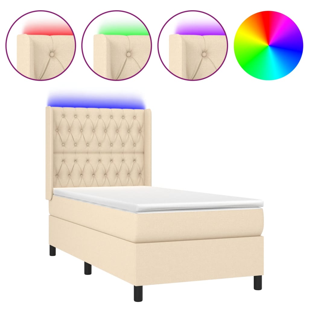 Krevet box spring s madracem LED krem 90x190 cm od tkanine