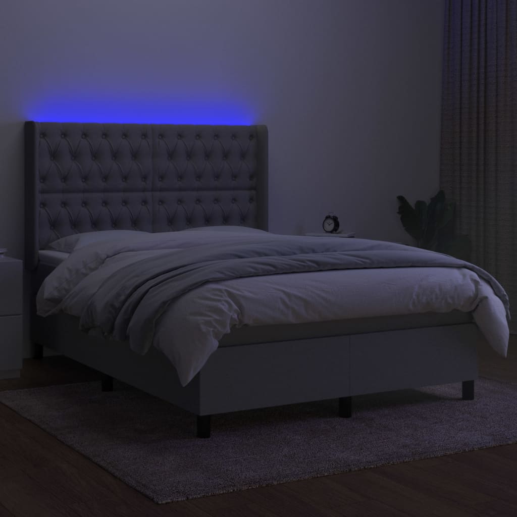 Krevet box spring s madracem LED svjetlosivi 140x190 cm tkanina