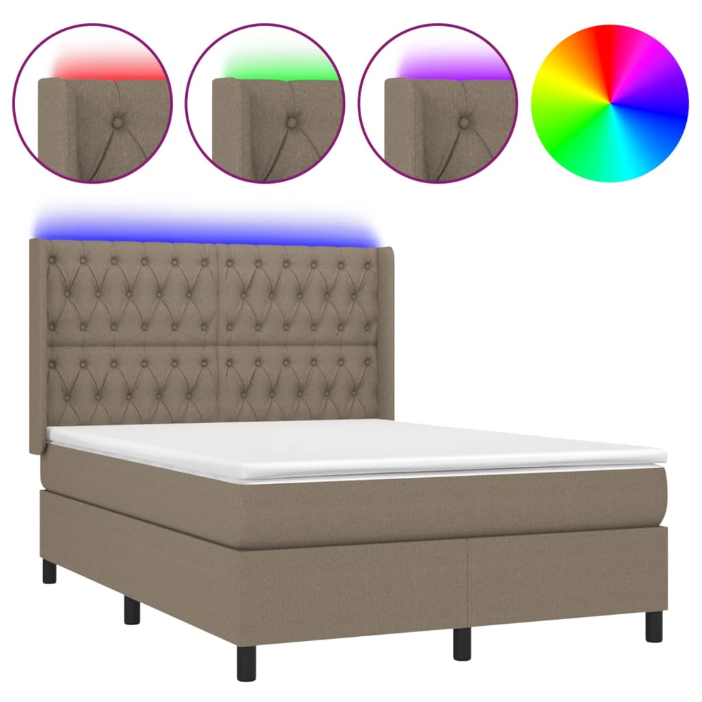 Krevet box spring s madracem LED smeđesivi 140x200 cm tkanina