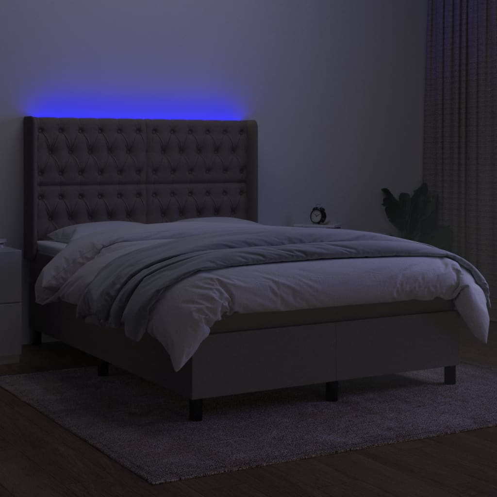 Krevet box spring s madracem LED smeđesivi 140x200 cm tkanina