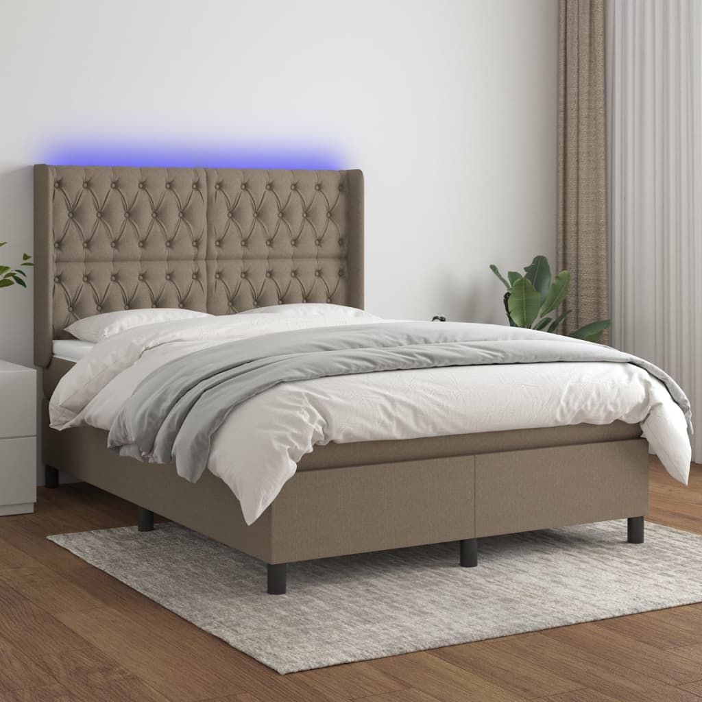 Krevet box spring s madracem LED smeđesivi 140x200 cm tkanina