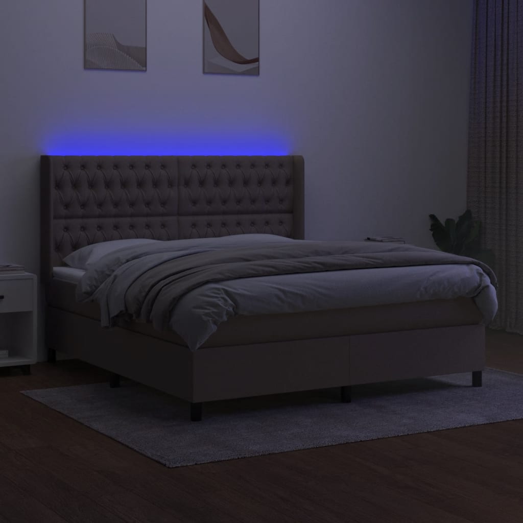 Krevet box spring s madracem LED smeđesivi 180x200 cm tkanina
