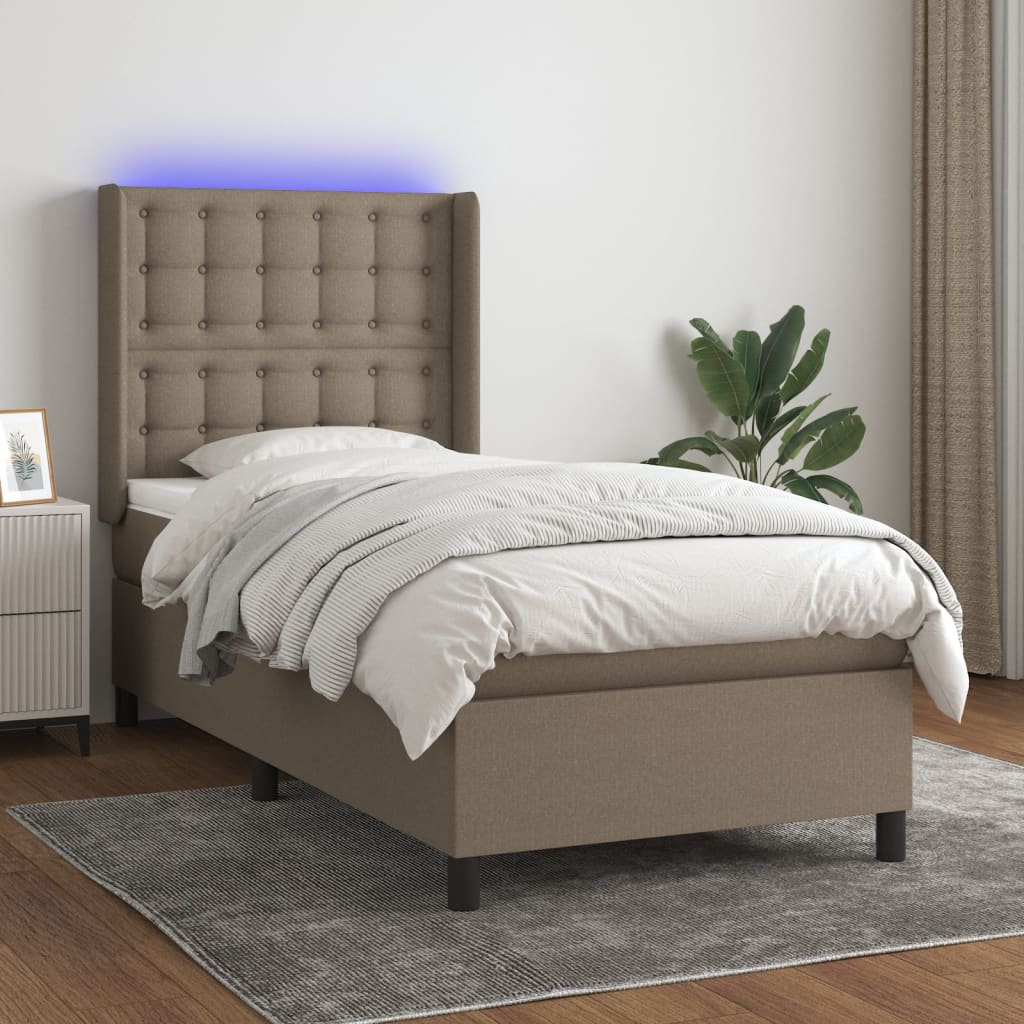Krevet box spring s madracem LED smeđesivi 90x190 cm tkanina