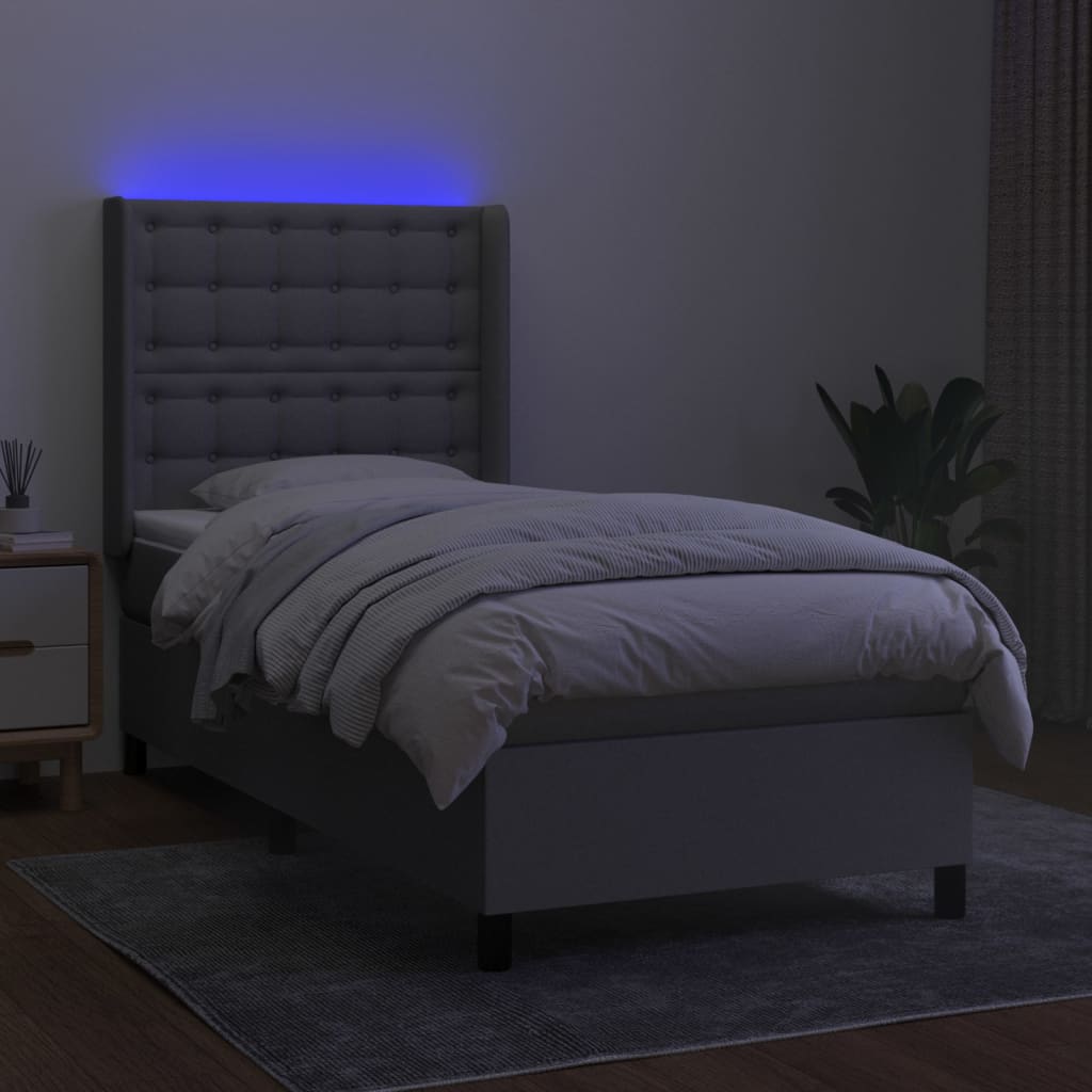 Krevet box spring s madracem LED svjetlosivi 100x200 cm tkanina