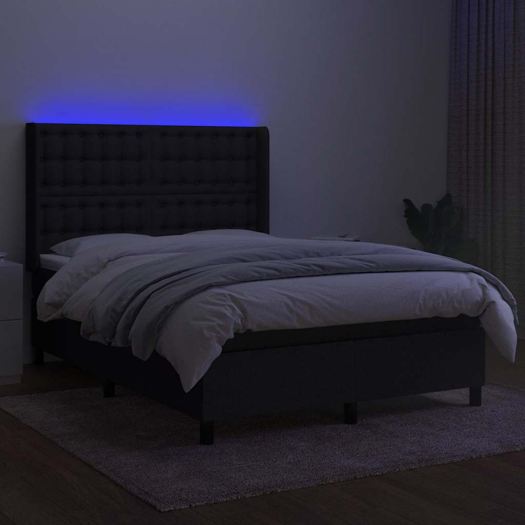Krevet box spring s madracem LED crni 140x190 cm od tkanine