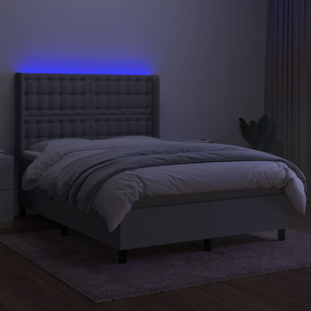 Krevet box spring s madracem LED svjetlosivi 140x200 cm tkanina