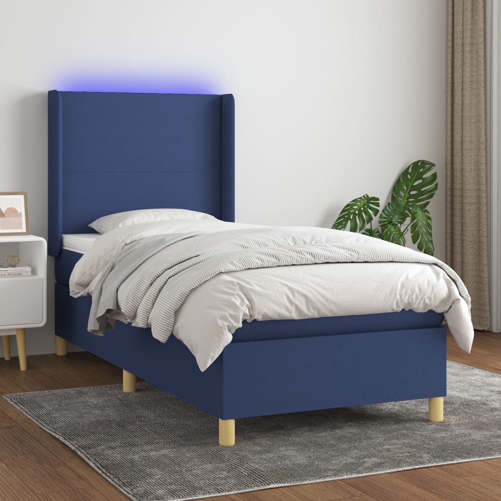 Krevet box spring s madracem LED plavi 90x190 cm od tkanine