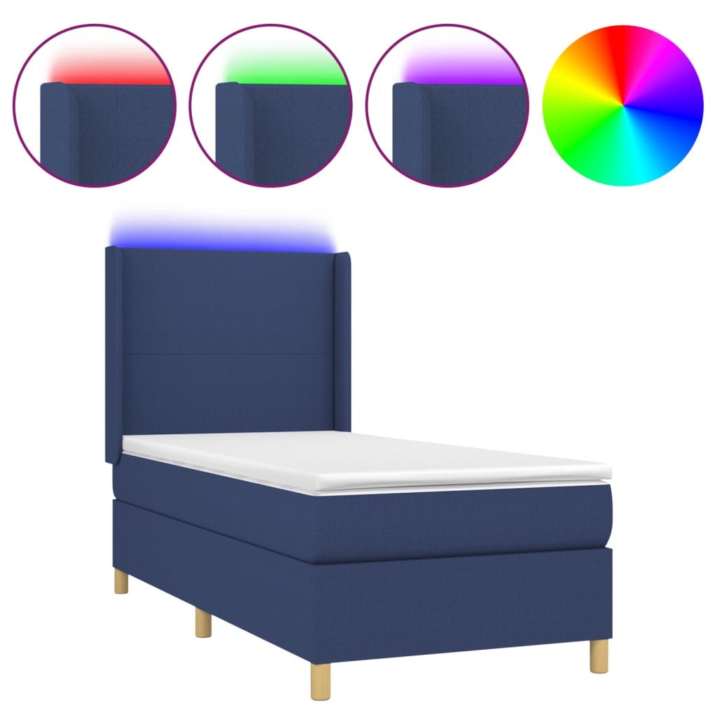 Krevet box spring s madracem LED plavi 90x200 cm od tkanine