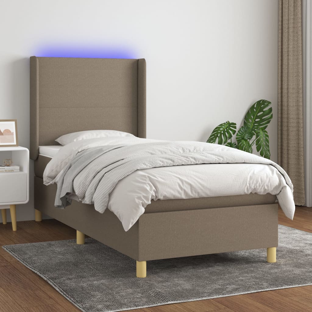 Krevet box spring s madracem LED smeđesivi 100x200 cm tkanina