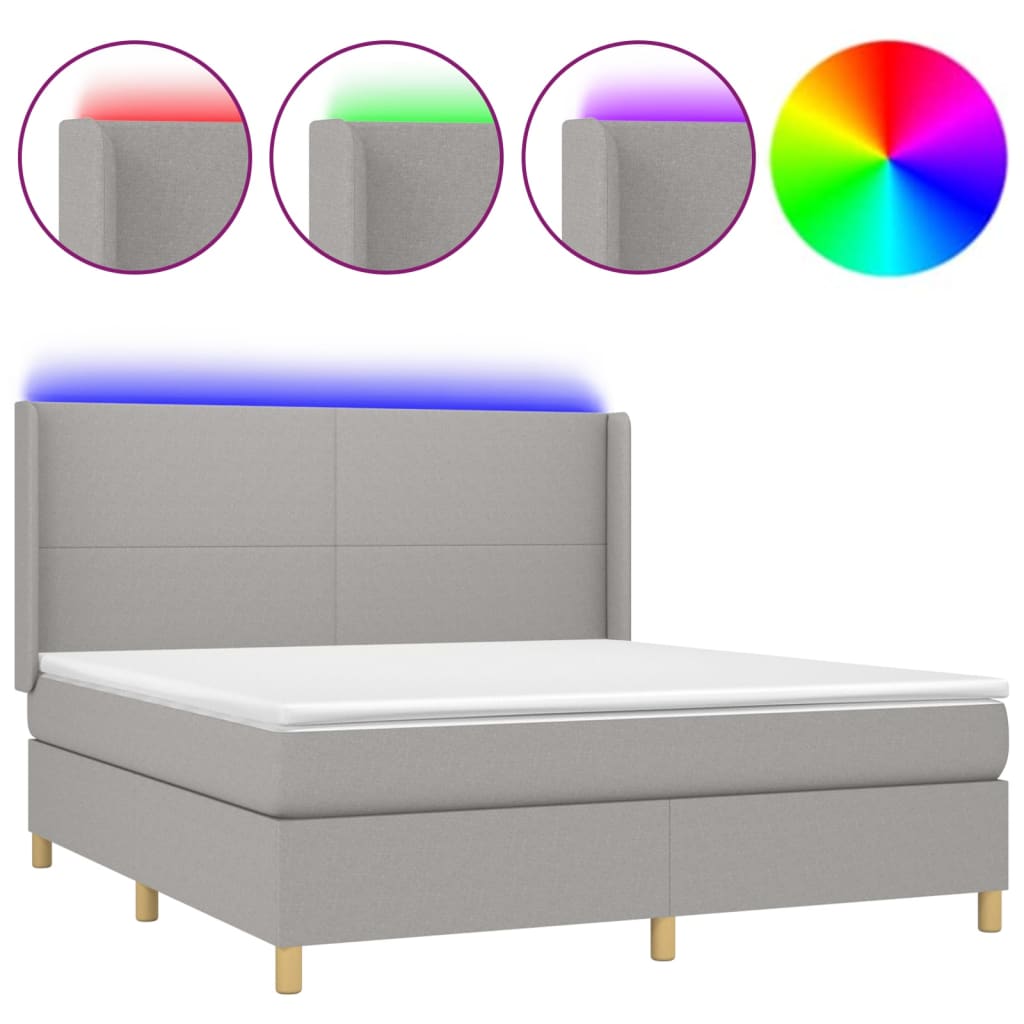 Krevet box spring s madracem LED svjetlosivi 180x200 cm tkanina