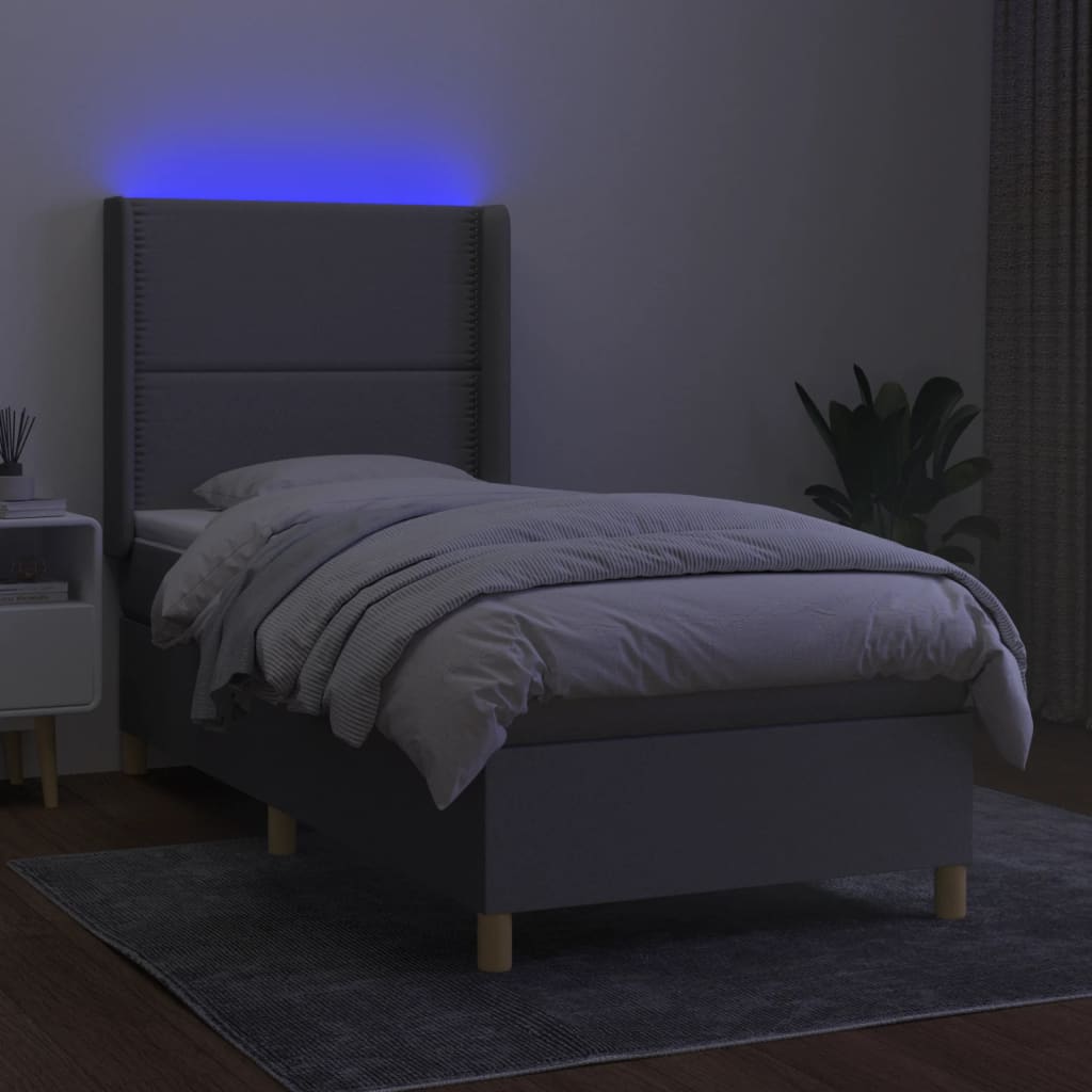 Krevet box spring s madracem LED svjetlosivi 90x190 cm tkanina