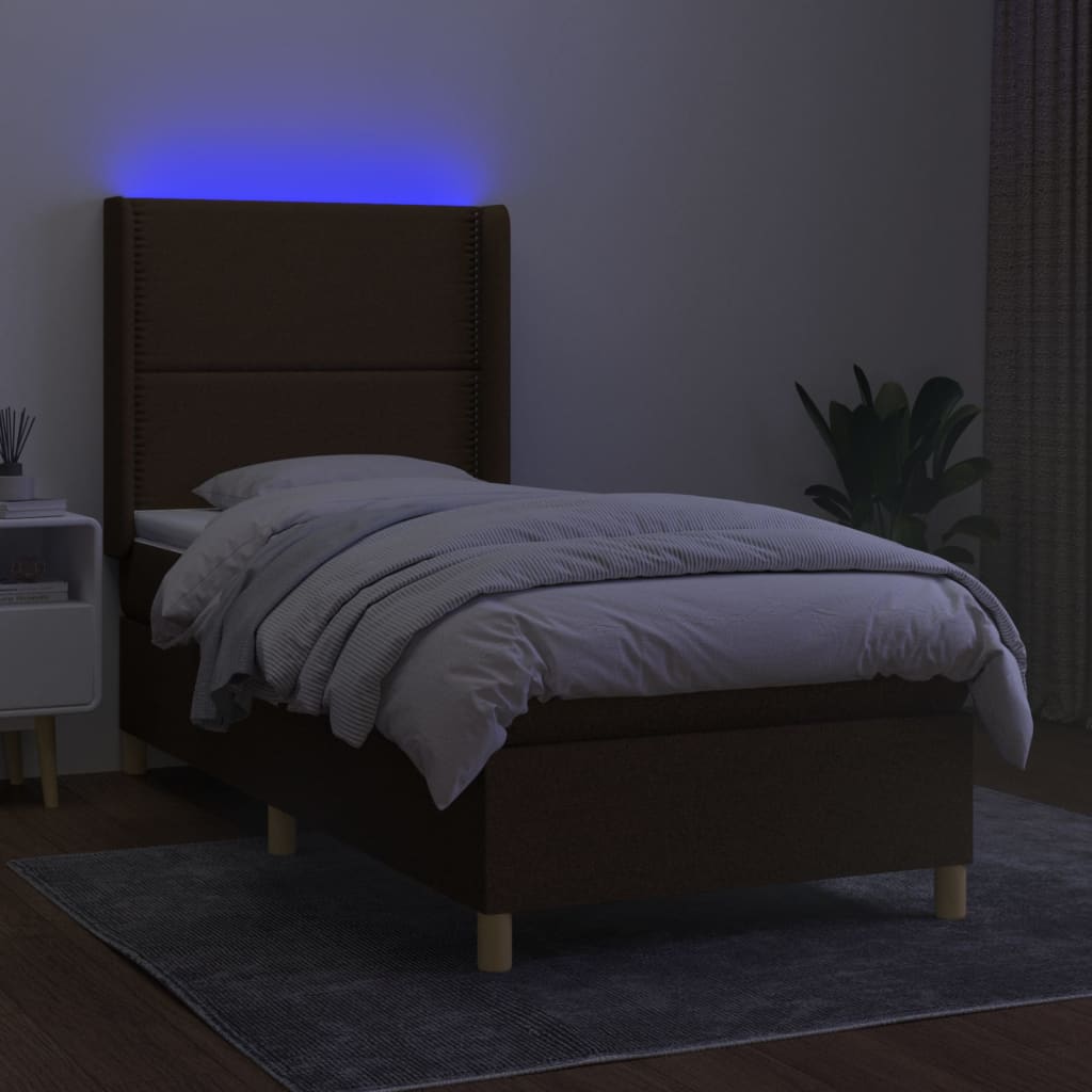 Krevet box spring s madracem LED smeđesivi 90x200 cm tkanina