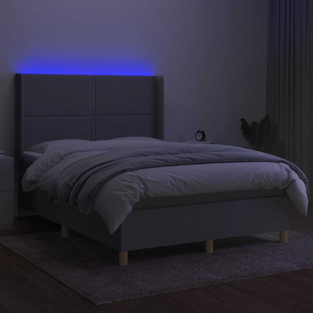 Krevet box spring s madracem LED svjetlosivi 140x190 cm tkanina