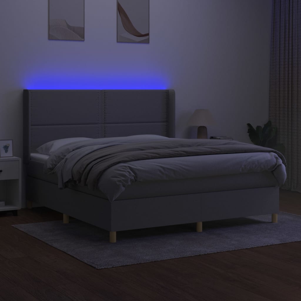 Krevet box spring s madracem LED svjetlosivi 180x200 cm tkanina