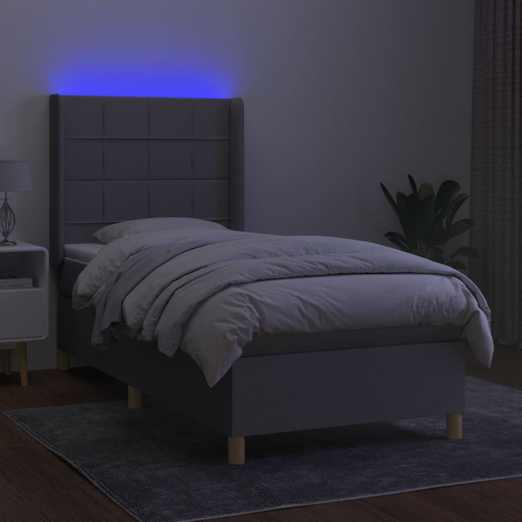 Krevet box spring s madracem LED svjetlosivi 90x200 cm tkanina