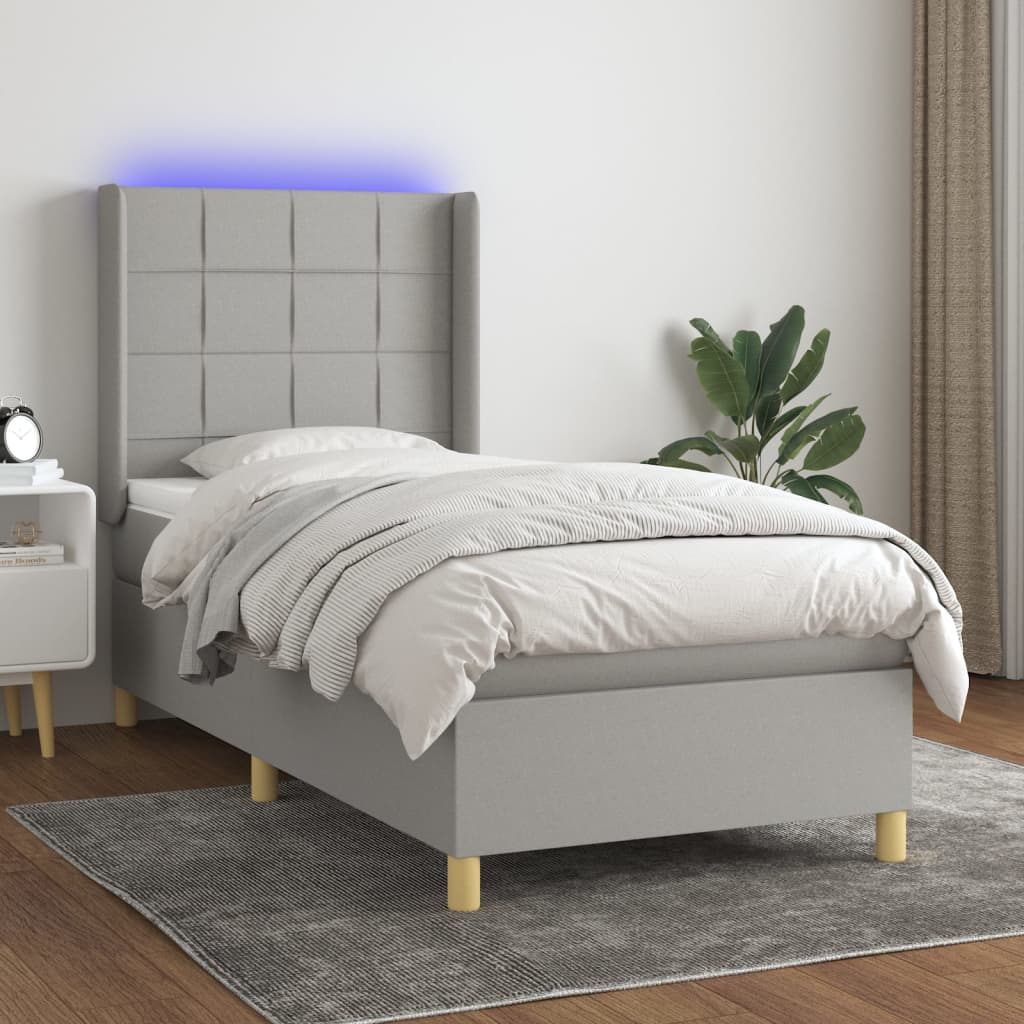 Krevet box spring s madracem LED svjetlosivi 90x200 cm tkanina