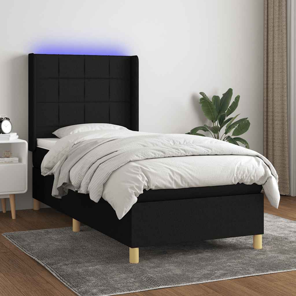 Krevet box spring s madracem LED crni 90x200 cm od tkanine