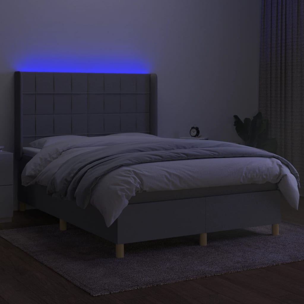 Krevet box spring s madracem LED svjetlosivi 140x190 cm tkanina