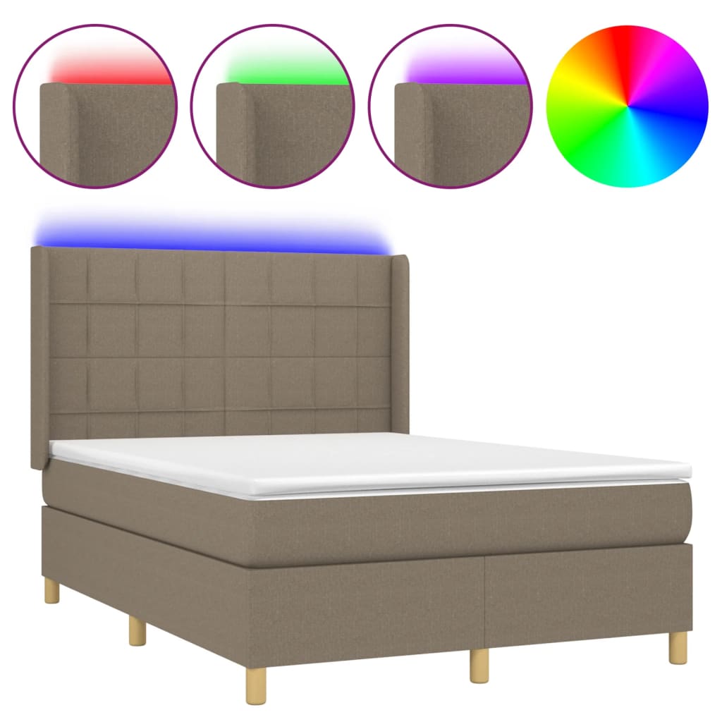 Krevet box spring s madracem LED smeđesivi 140x200 cm tkanina