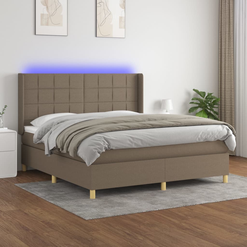 Krevet box spring s madracem LED smeđesivi 160x200 cm tkanina