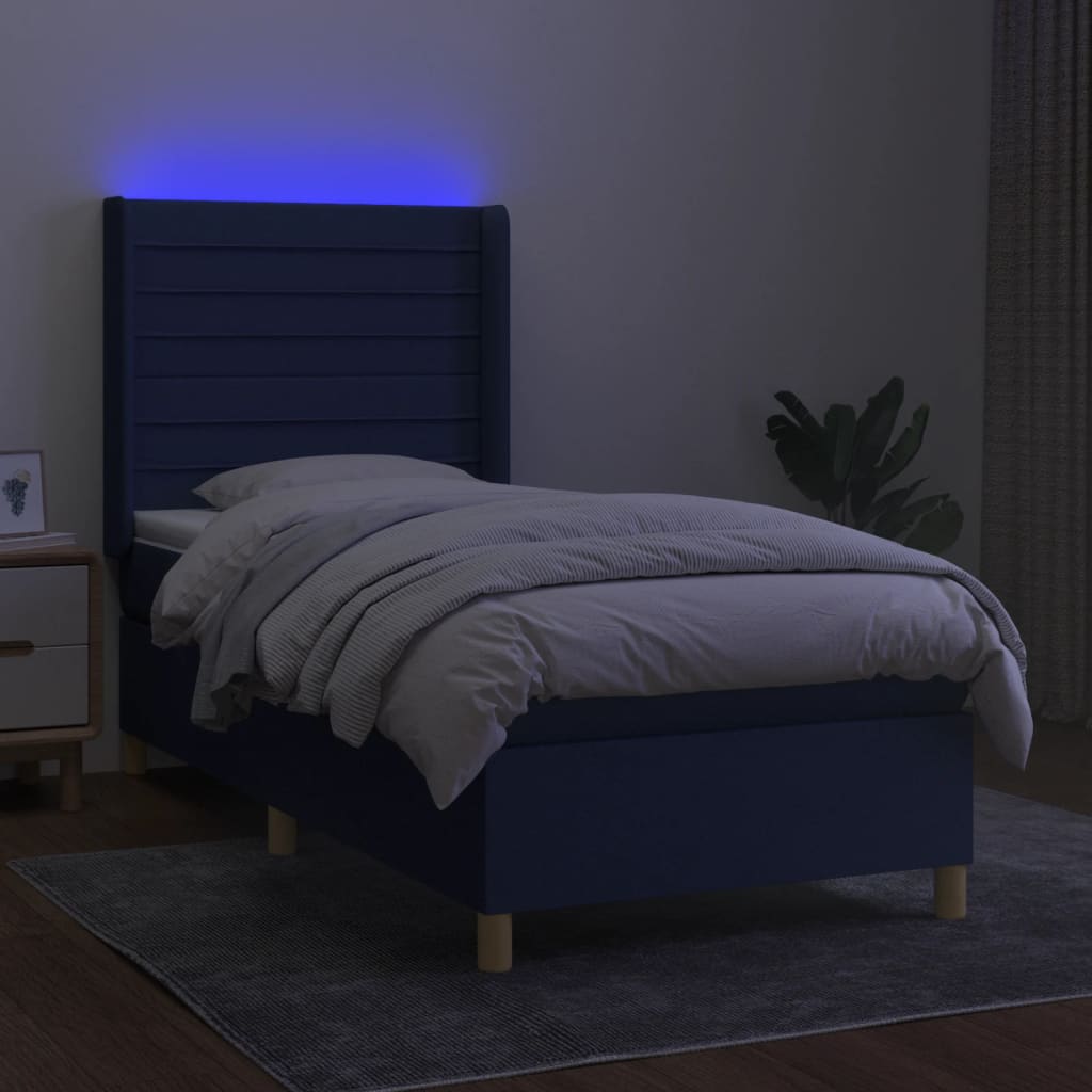 Krevet box spring s madracem LED plavi 90x200 cm od tkanine