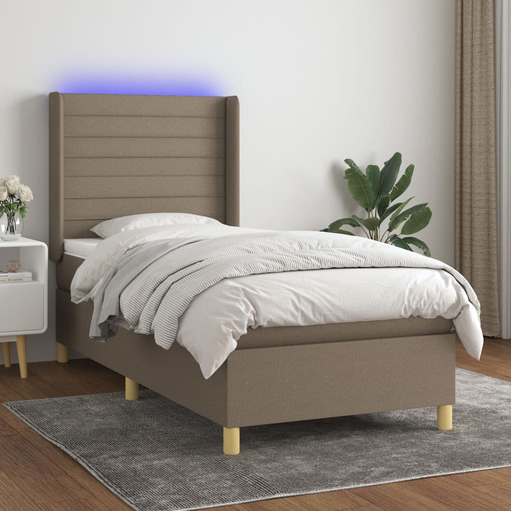 Krevet box spring s madracem LED smeđesivi 100x200 cm tkanina