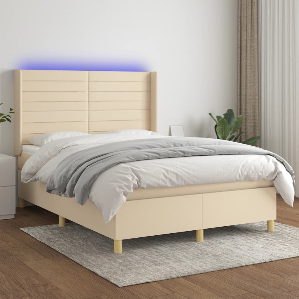 Krevet box spring s madracem LED krem 140x190 cm od tkanine