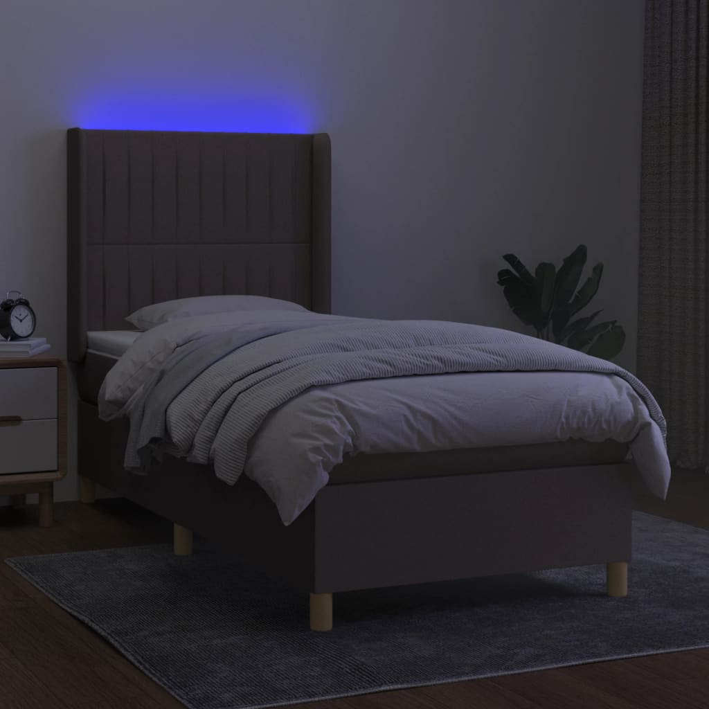 Krevet box spring s madracem LED smeđesivi 90x190 cm tkanina