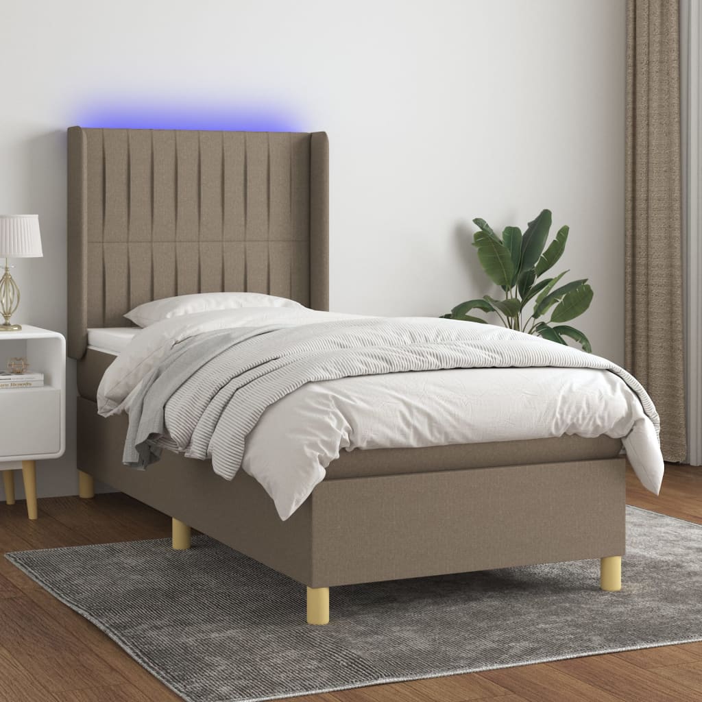 Krevet box spring s madracem LED smeđesivi 90x190 cm tkanina