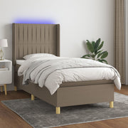 Krevet box spring s madracem LED smeđesivi 90x190 cm tkanina